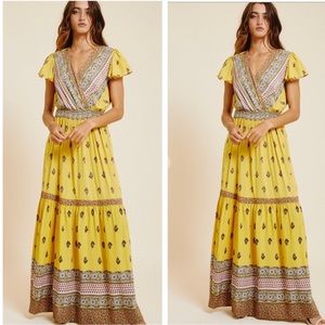 Yellow Tropical Print Flowy Dress Flutter Sleeves